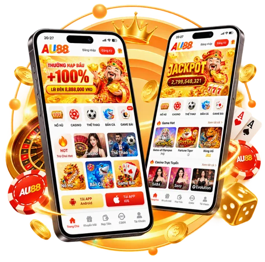 Ứng dụng AU88 trên điện thoại Android và iOS với giao diện casino, thể thao, nổ hũ, bắn cá và game bài.